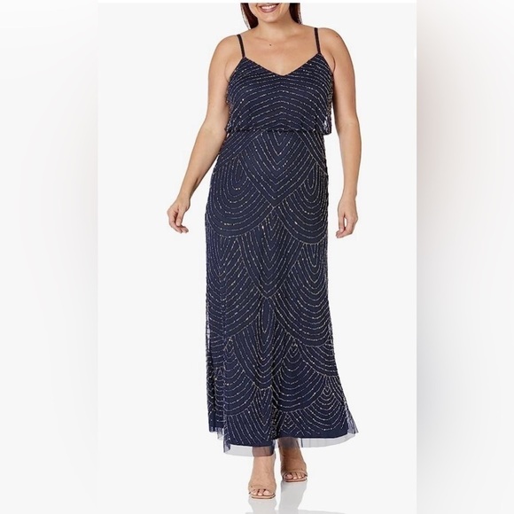 Nwt Adrianna Papell Spaghetti Strap Beaded Blouson Ball Gown in Gunmetal - Picture 4 of 15